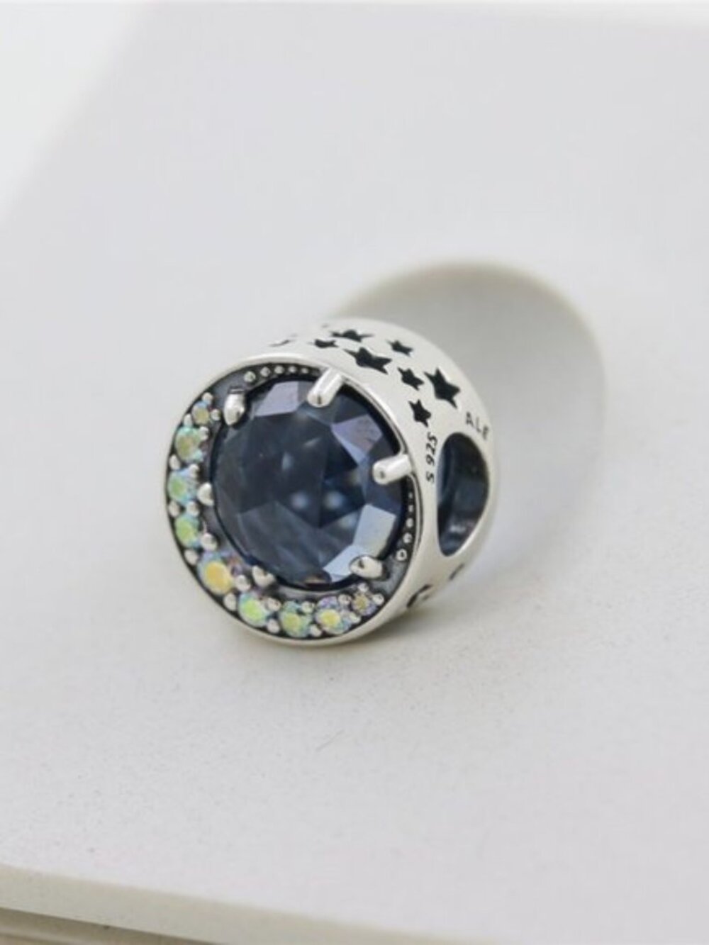 Pandora Silver Charm with Dark Blue Center and Opal Accent Stones
